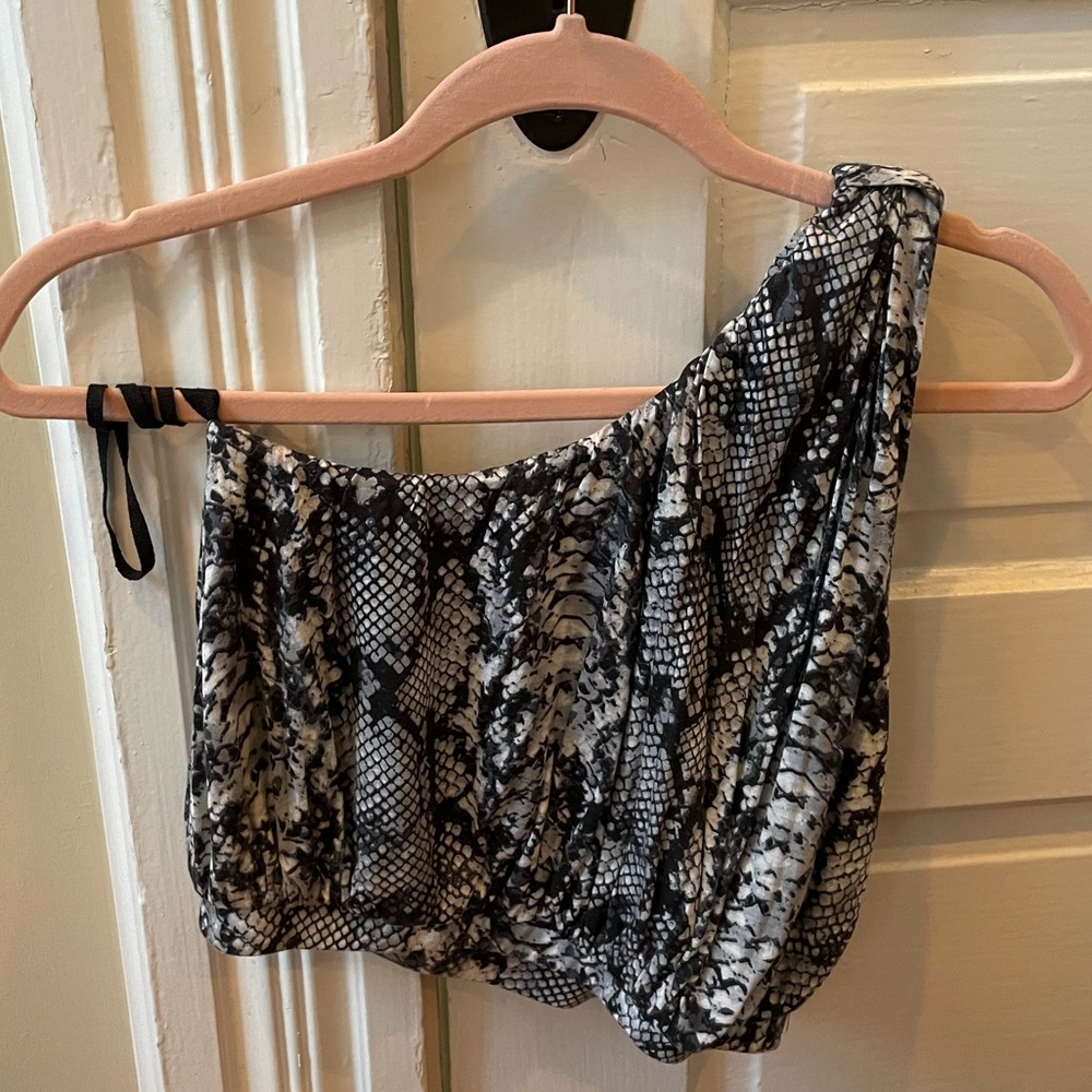These Three Boutique snakeskin one shoulder top